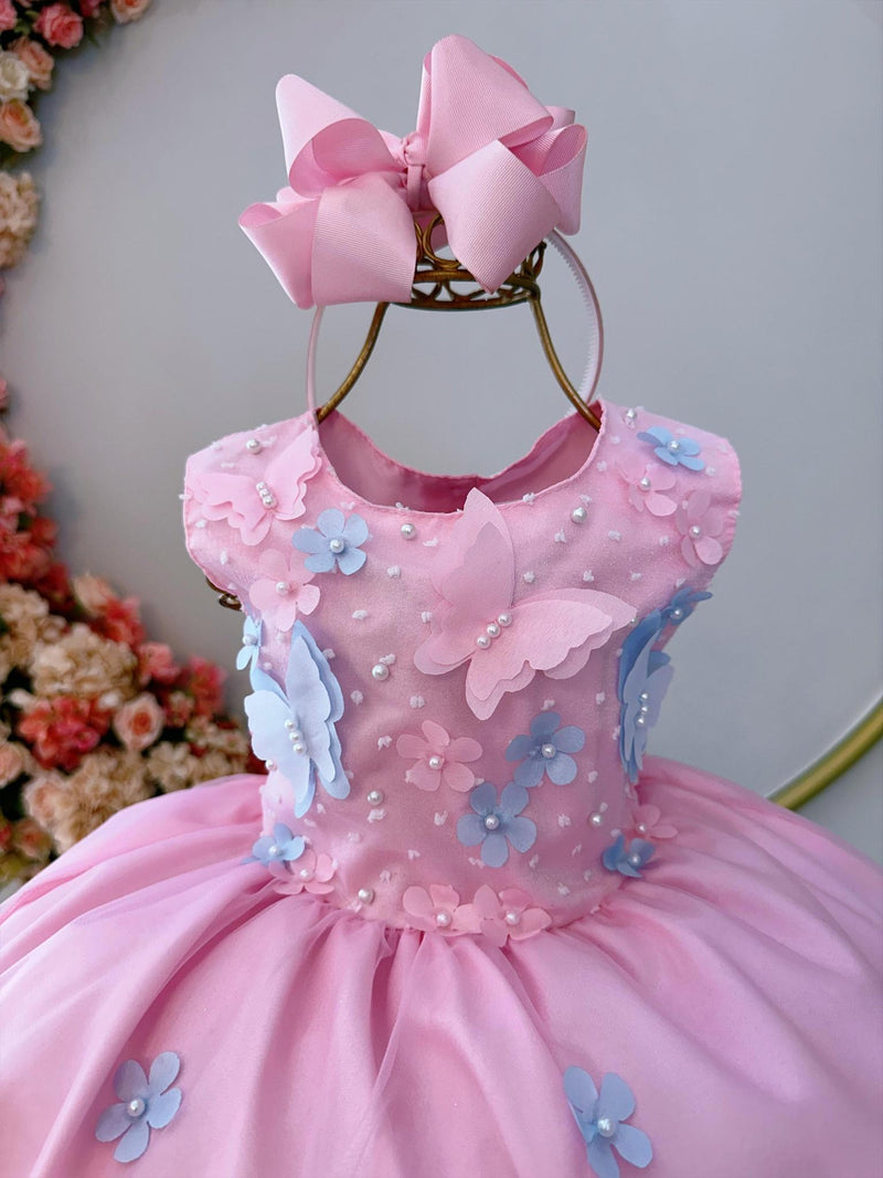 Vestido Infantil Rosa C/ Aplique de Borboletas e Flores