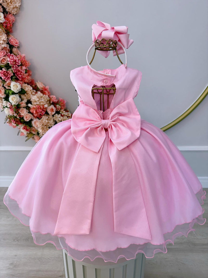 Vestido Infantil Rosa C/ Aplique de Borboletas e Flores