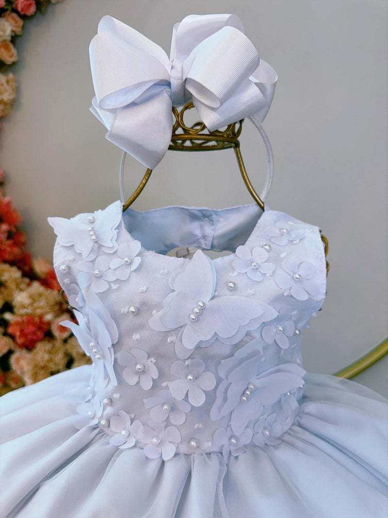 Vestido Infantil Bebê Branco C/ Aplique de Borboletas e Flores