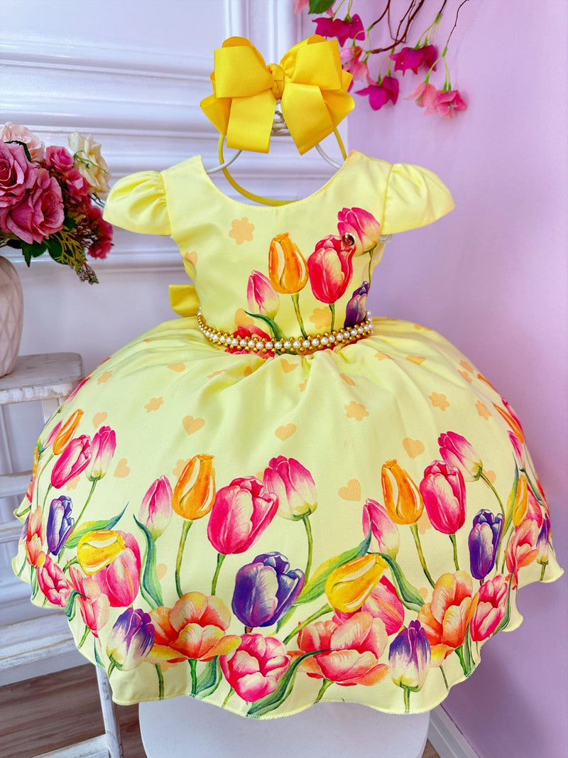 Vestido Infantil Amarelo Flores Tulipas Cinto Pérolas Luxo (3151AM)