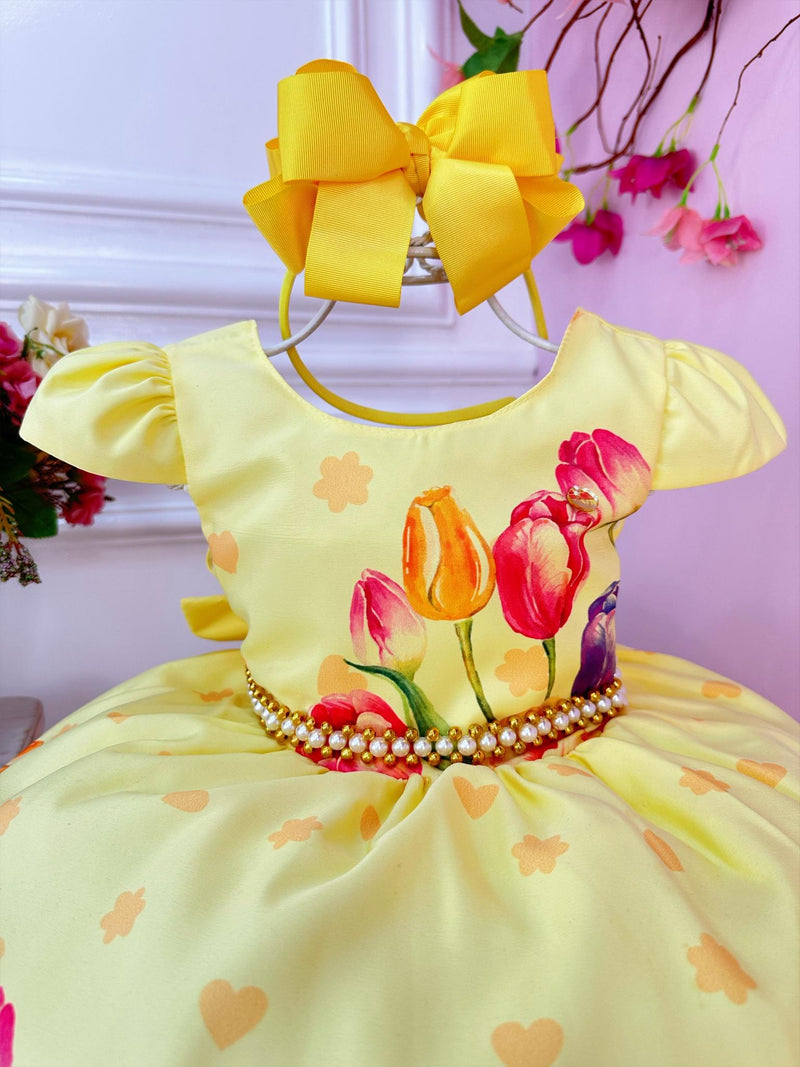 Vestido Infantil Amarelo Flores Tulipas Cinto Pérolas Luxo (3151AM)