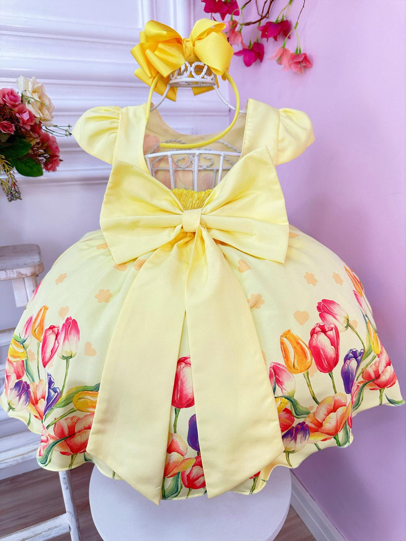 Vestido Infantil Amarelo Flores Tulipas Cinto Pérolas Luxo (3151AM)