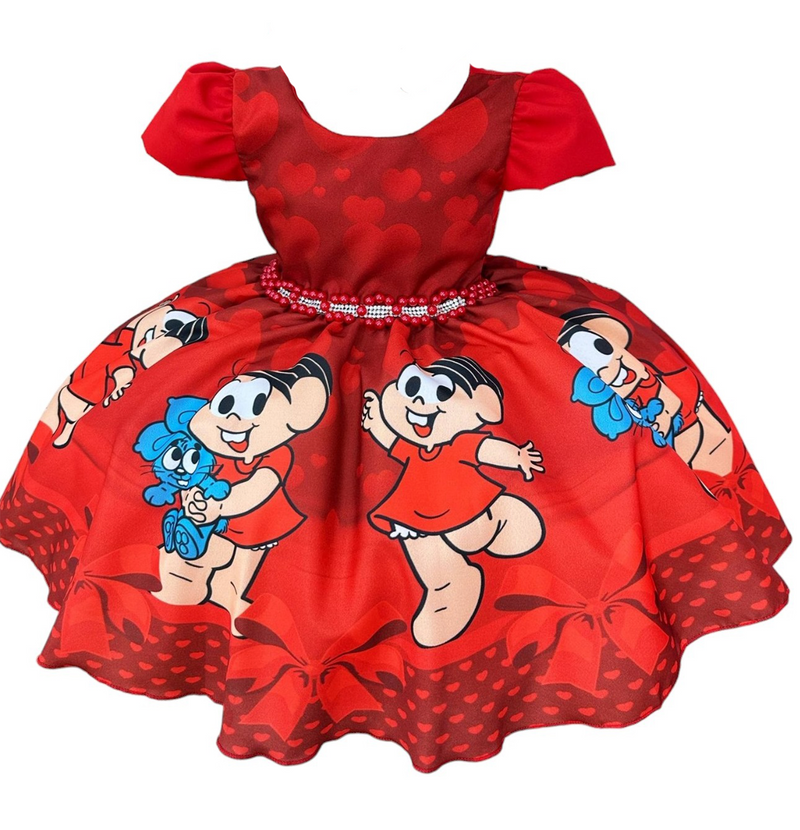 Vestido Infantil Mônica e Sansão Vermelho C/ Cinto Pérolas