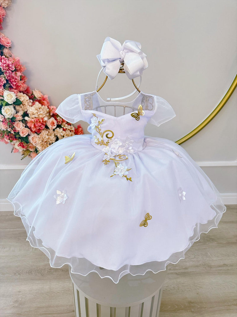 Vestido Infantil Branco Aplique Borboletas Douradas Flores