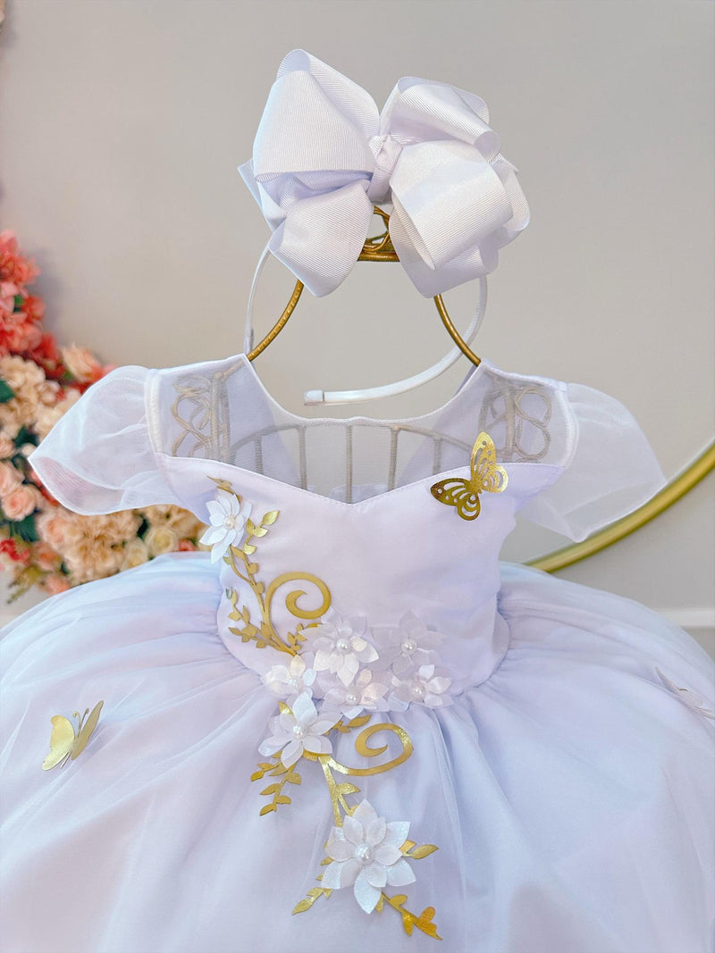 Vestido Infantil Branco Aplique Borboletas Douradas Flores