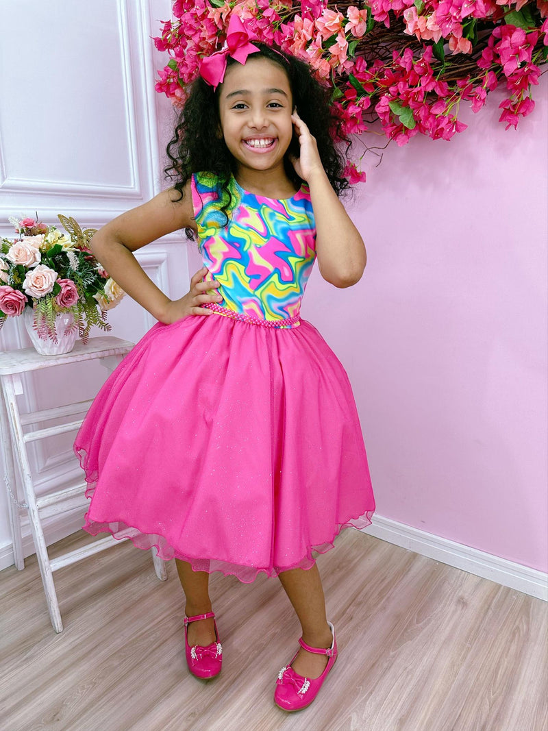 Vestido Infantil Barbie Colorido Neon Saia Rosa e Glitter