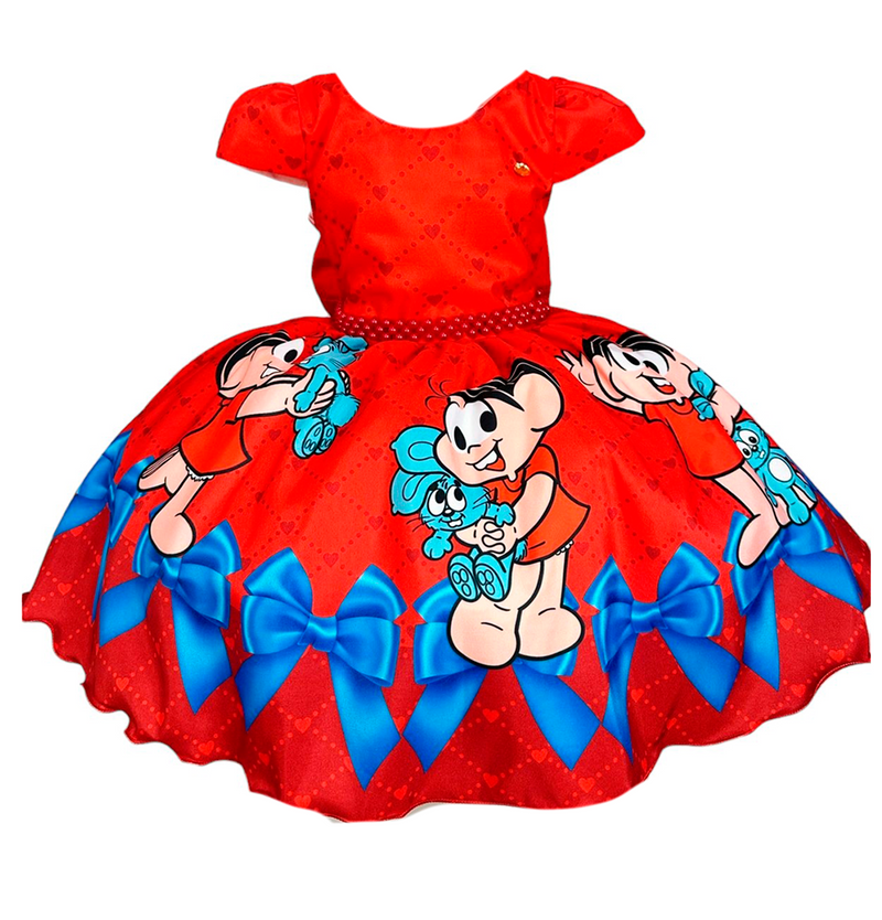 Vestido Infantil Vermelho Mônica e Cascão Cinto de Pérolas