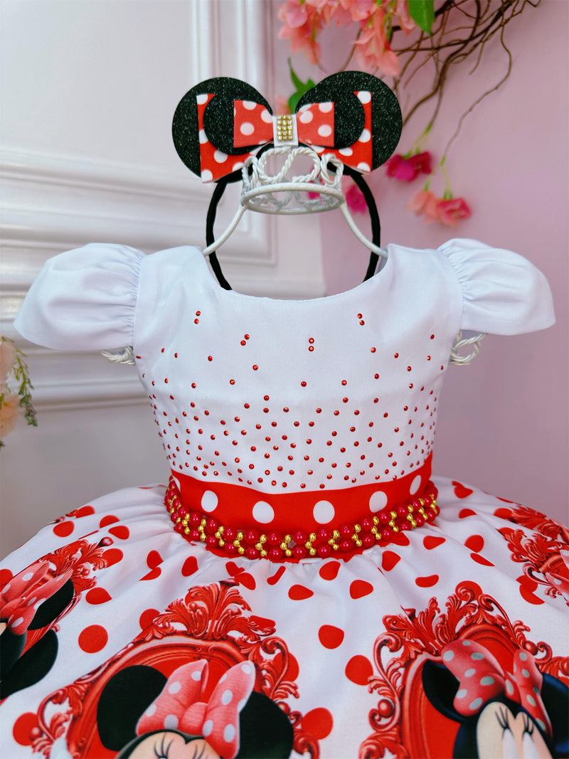 Vestido Infantil Minnie Vermelho Bolinhas Pérolas C/ Tiára