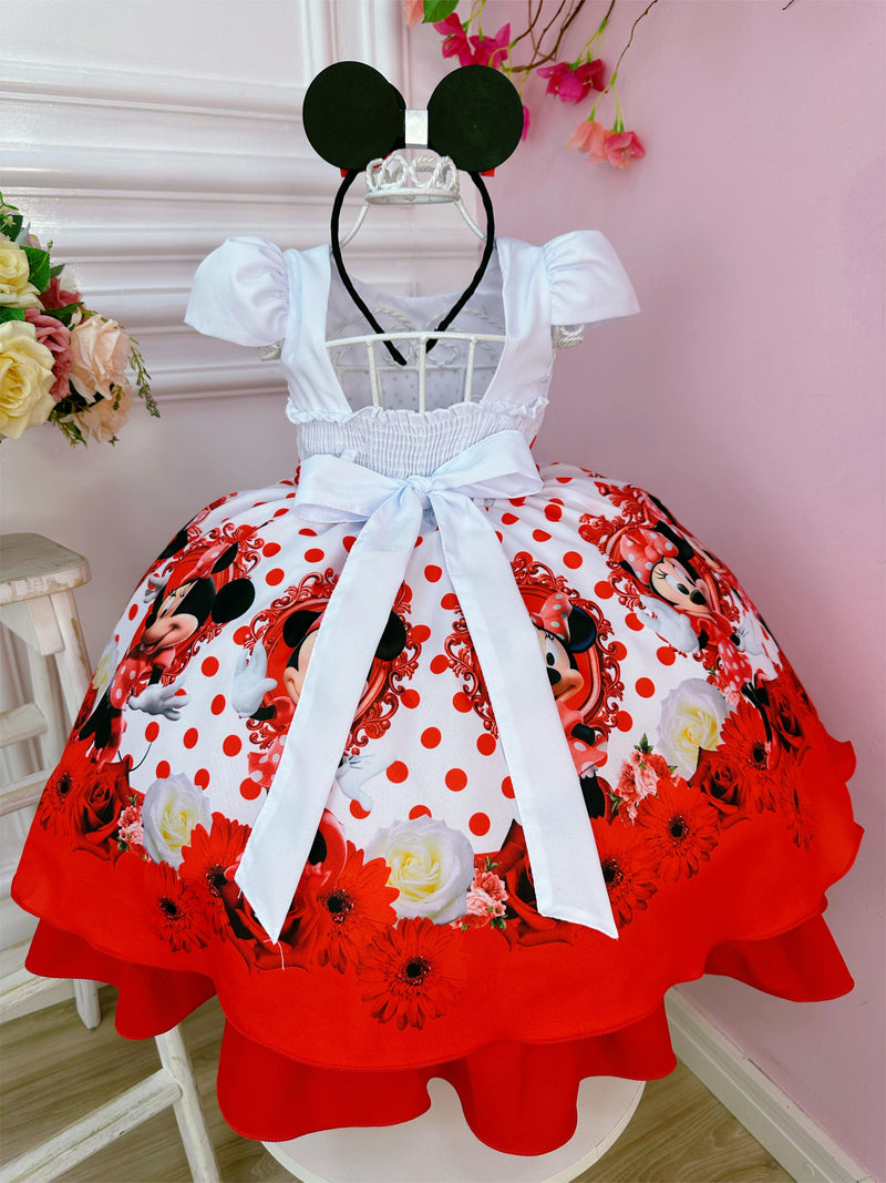 Vestido Infantil Minnie Vermelho Bolinhas Pérolas C/ Tiára