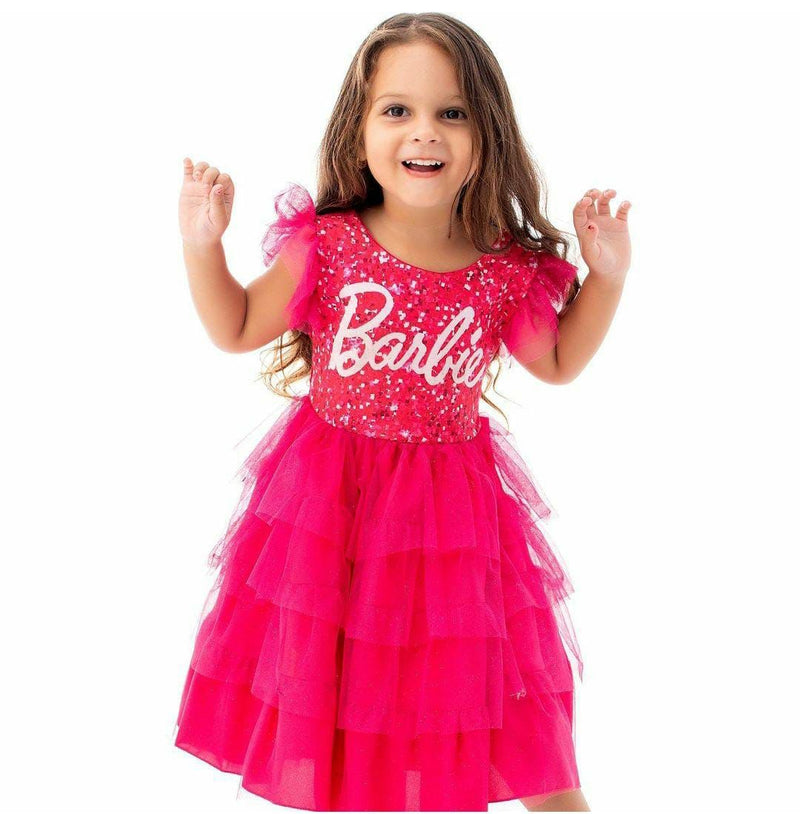 Vestido infantil Barbie Pink Babados Glitter Brilho luxo