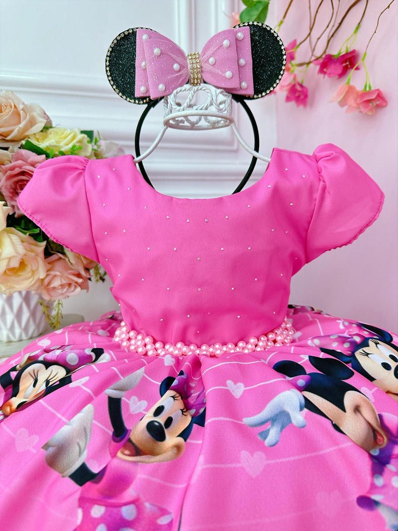 Vestido Infantil Minnie Rosa Chiclete Cinto de Pérolas Luxo