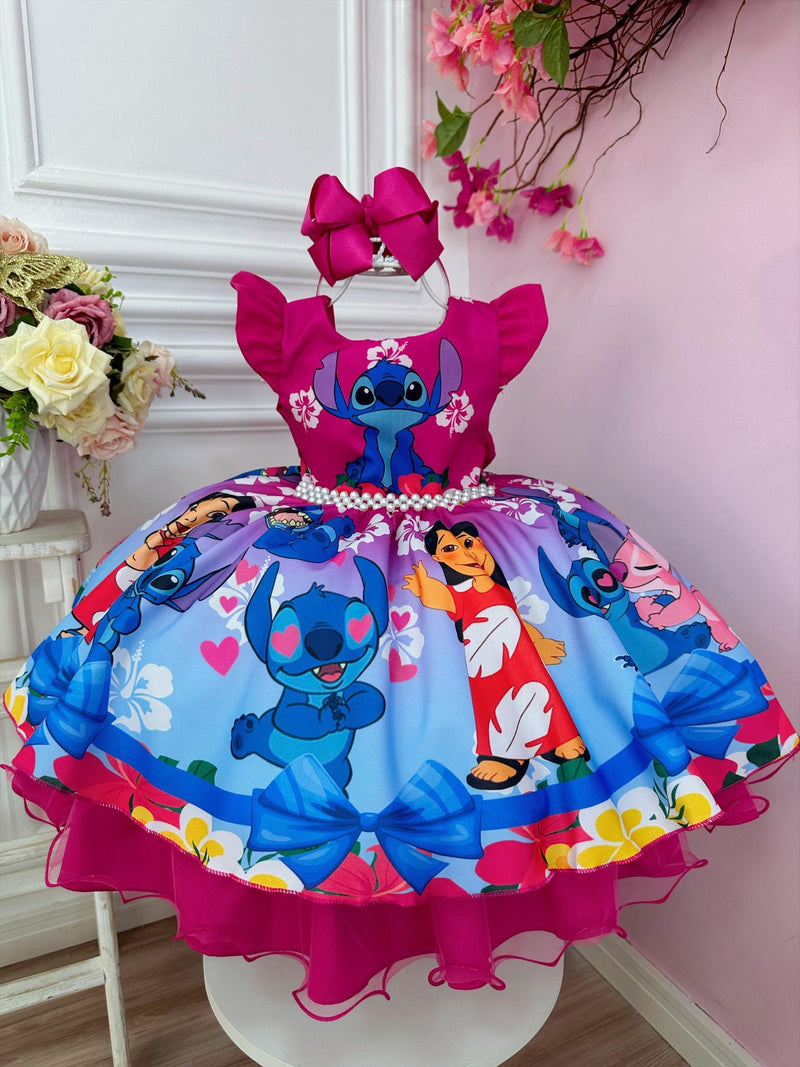 Vestido Infantil Lilo e Stitch C/ Amigos Rosa Cinto Pérolas