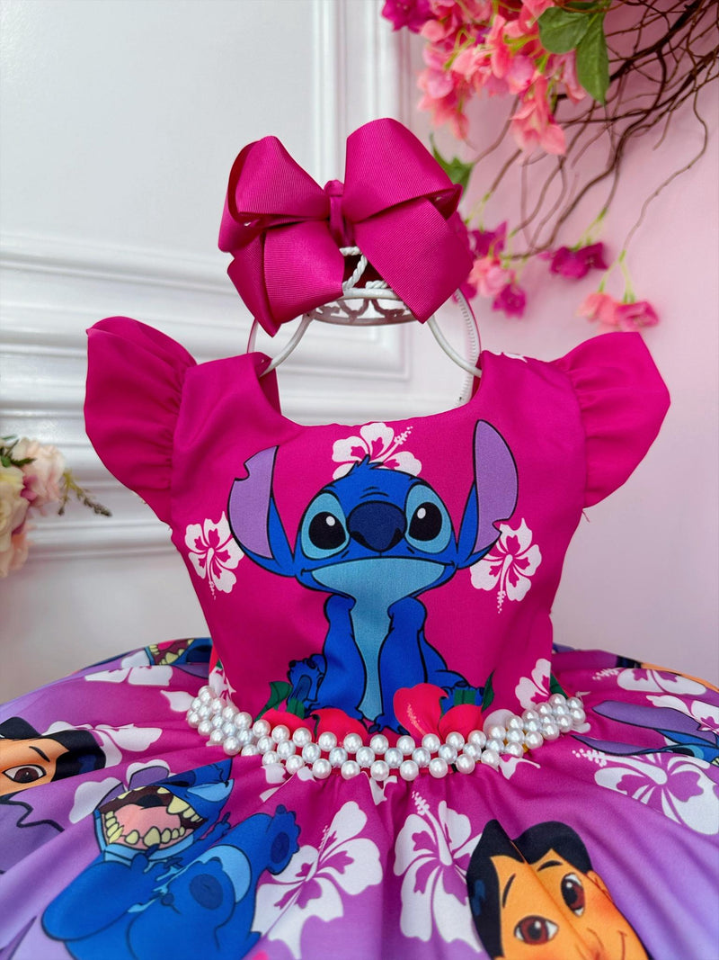 Vestido Infantil Lilo e Stitch C/ Amigos Rosa Cinto Pérolas