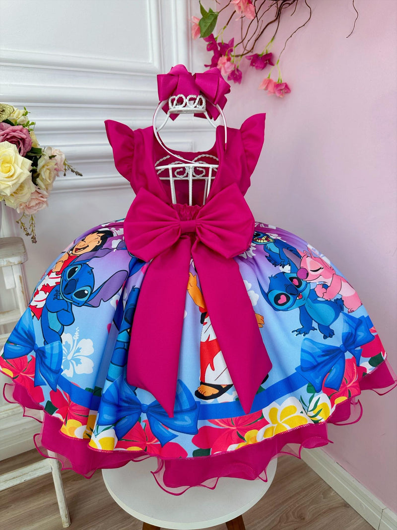 Vestido Infantil Lilo e Stitch C/ Amigos Rosa Cinto Pérolas