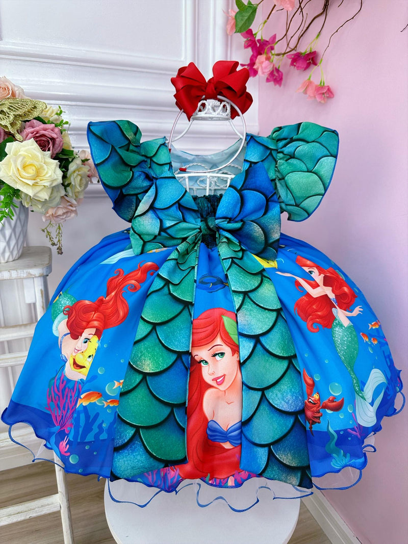 Vestido Infantil Ariel e Linguado Fundo do Mar C/ Escamas