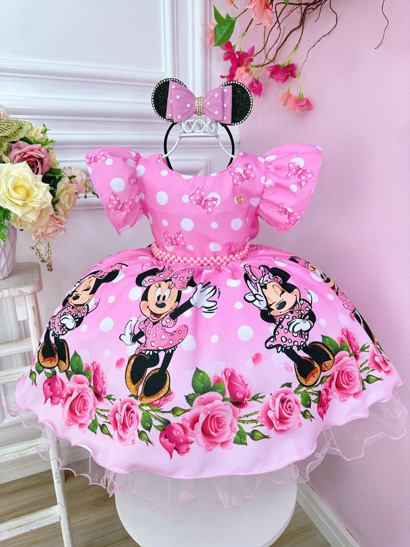 Vestido Infantil Minnie Florido de Rosas C/ Pérolas Festas