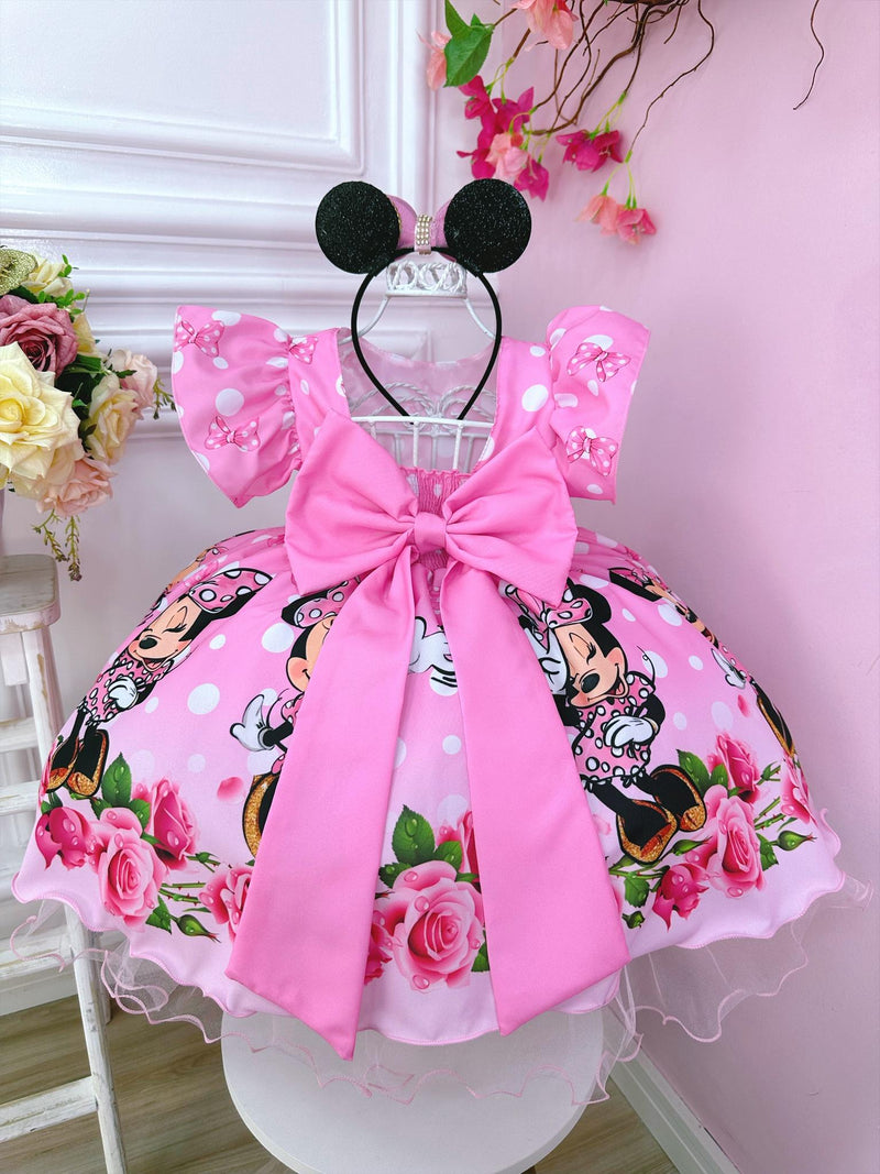 Vestido Infantil Minnie Florido de Rosas C/ Pérolas Festas