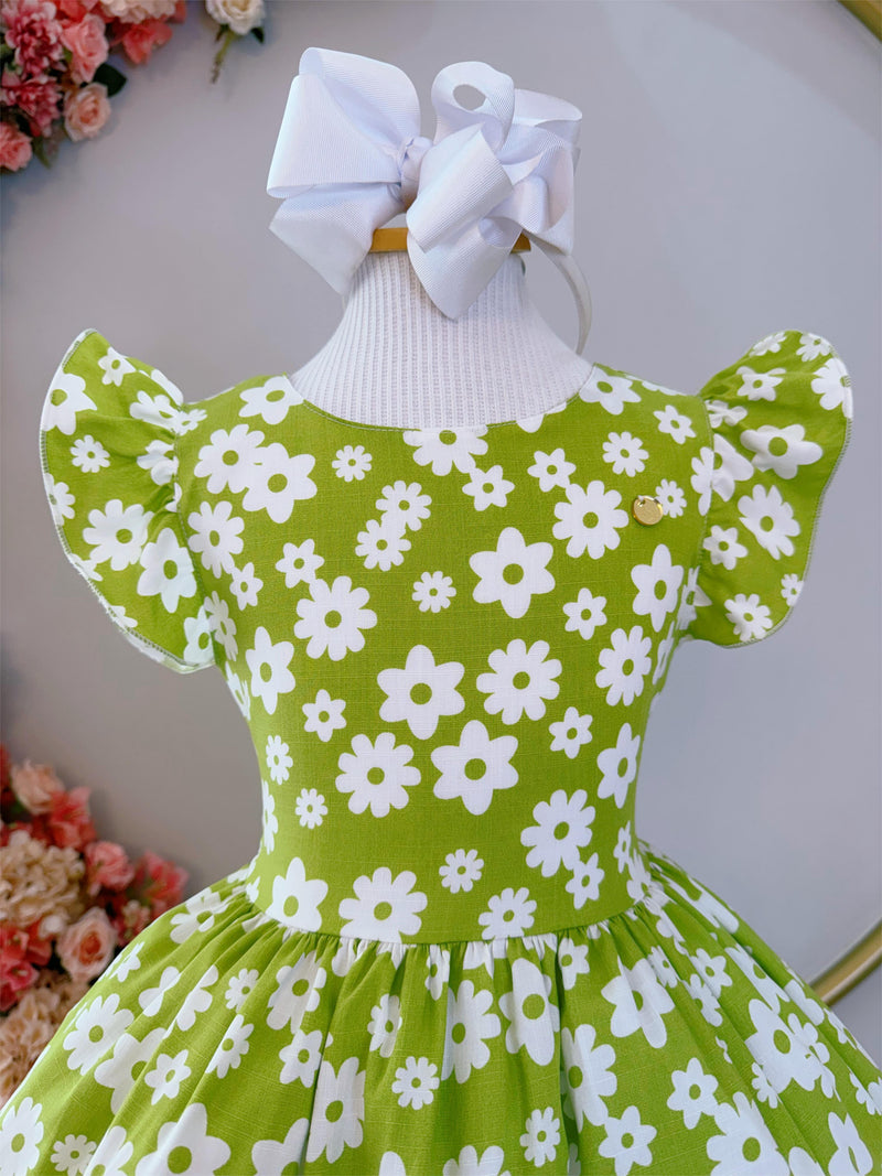 Vestido Infantil Primavera Verão Verde Lima C/ Margaridas