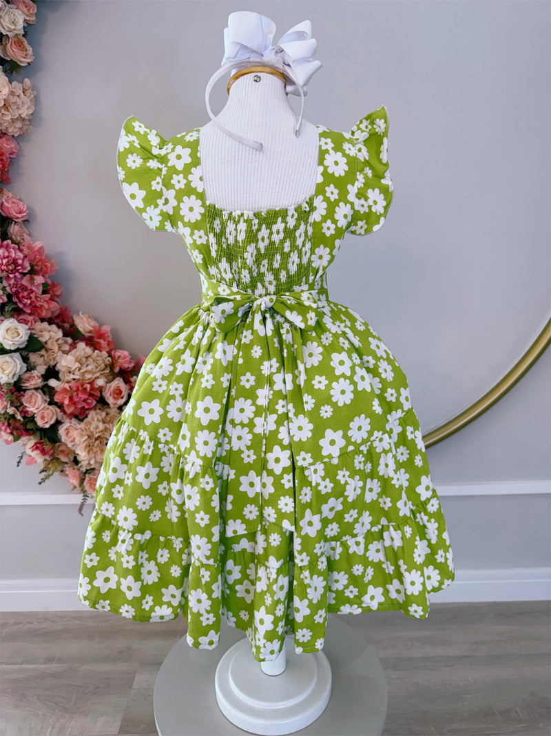 Vestido Infantil Primavera Verão Verde Lima C/ Margaridas