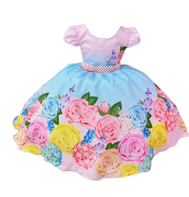 Vestido Infantil Rosa Flores Primavera e Cinto Pérolas Festas