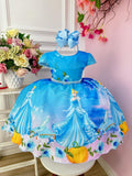 Vestido Infantil Cinderela Azul Cinto Pérolas Luxo Princesas