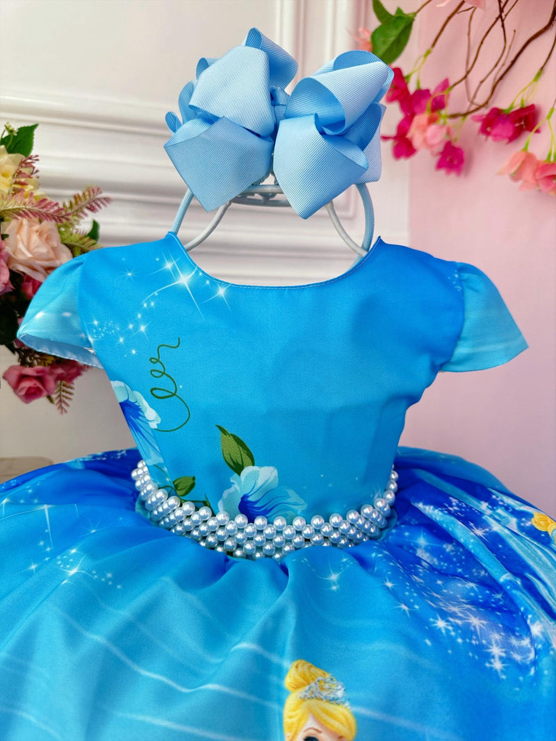 Vestido Infantil Cinderela Azul Cinto Pérolas Luxo Princesas