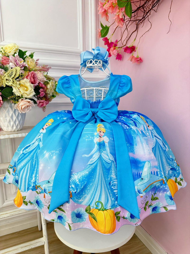 Vestido Infantil Cinderela Azul Cinto Pérolas Luxo Princesas