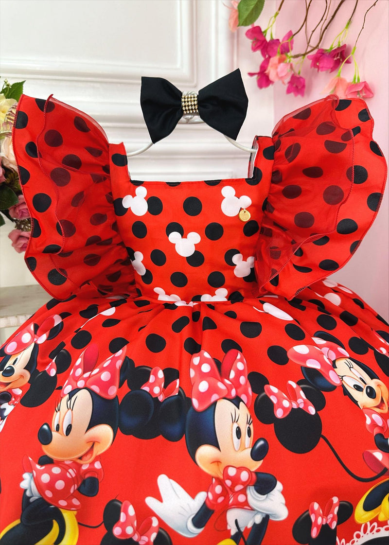 Vestido Infantil Minnie Vermelha C/ Laço Festas Luxo