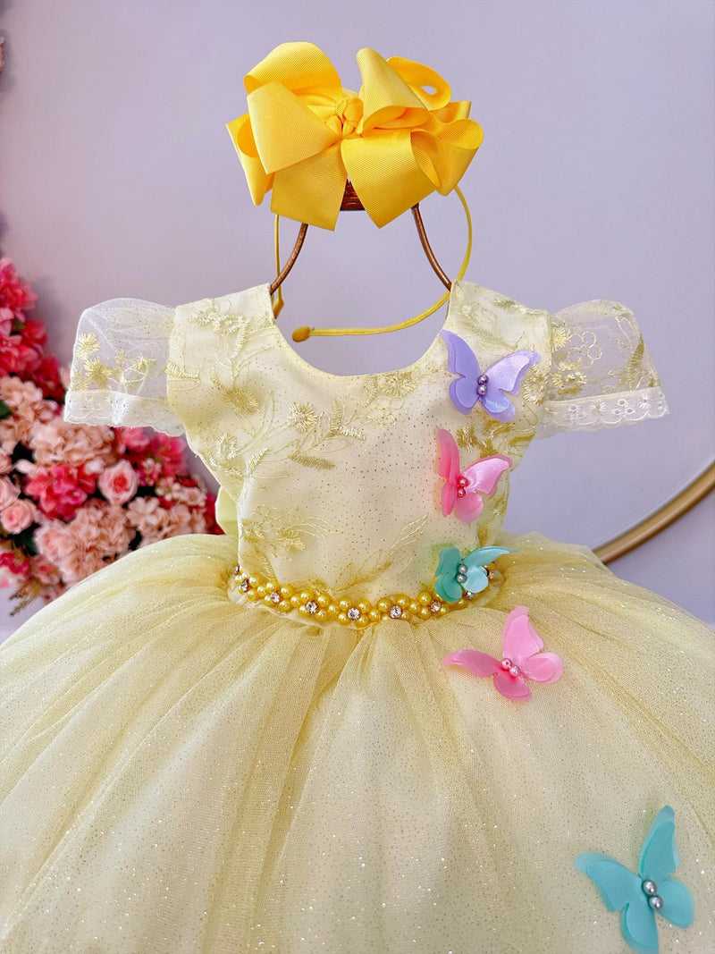 Vestido Infantil Jardim Encantado Amarelo Aplique Borboletas