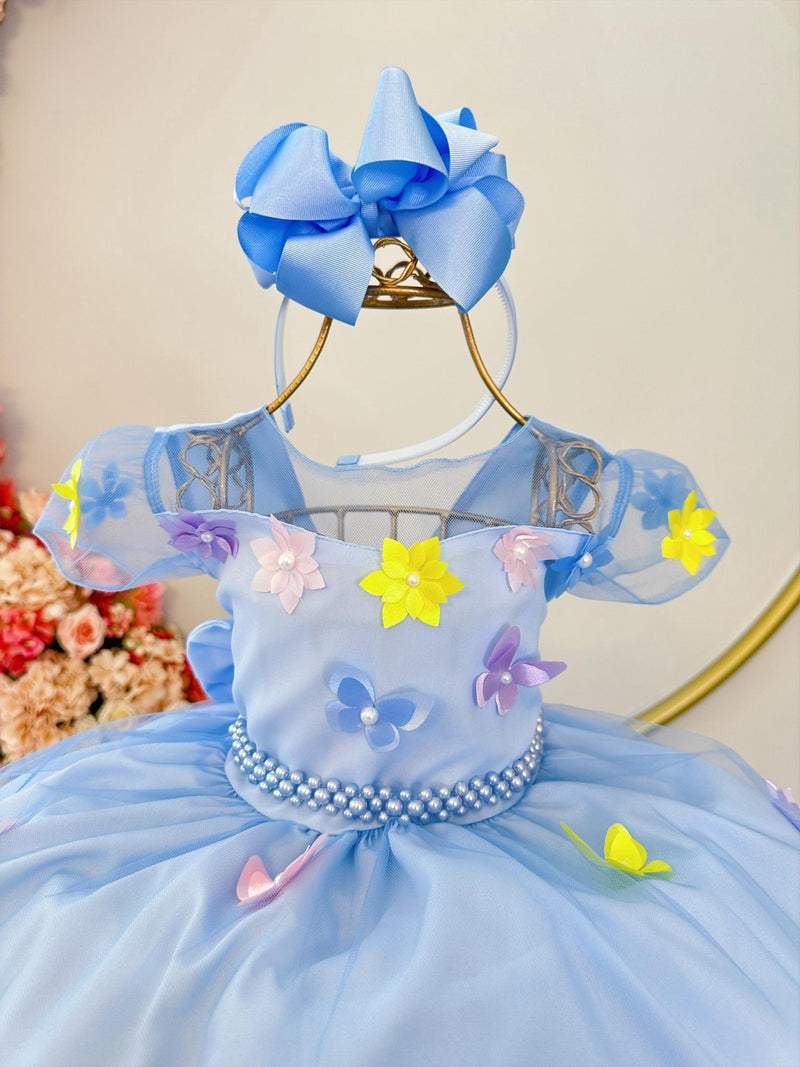 Vestido Infantil Azul C/ Aplique Borboletas Flores Pérolas