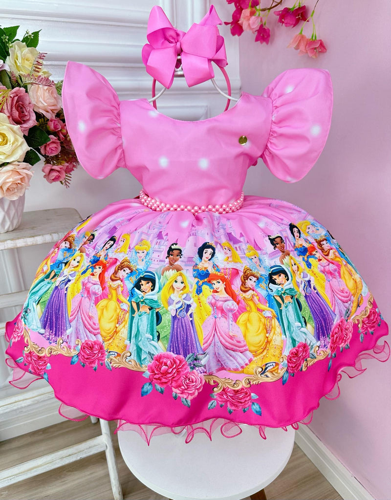 Vestido Infantil Rosa Princesas Disney Festas C/ Pérolas