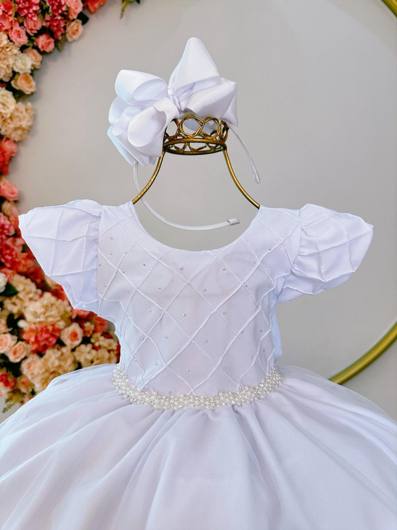 Vestido Infantil Branco Busto Nervura C/ Strass Festas