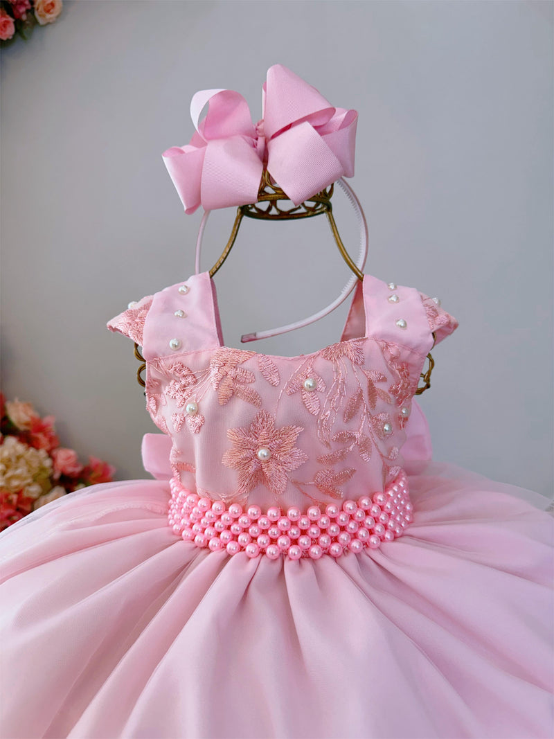 Vestido Infantil Rosa Bebê C/ Renda Luxo e Cinto de Pérolas