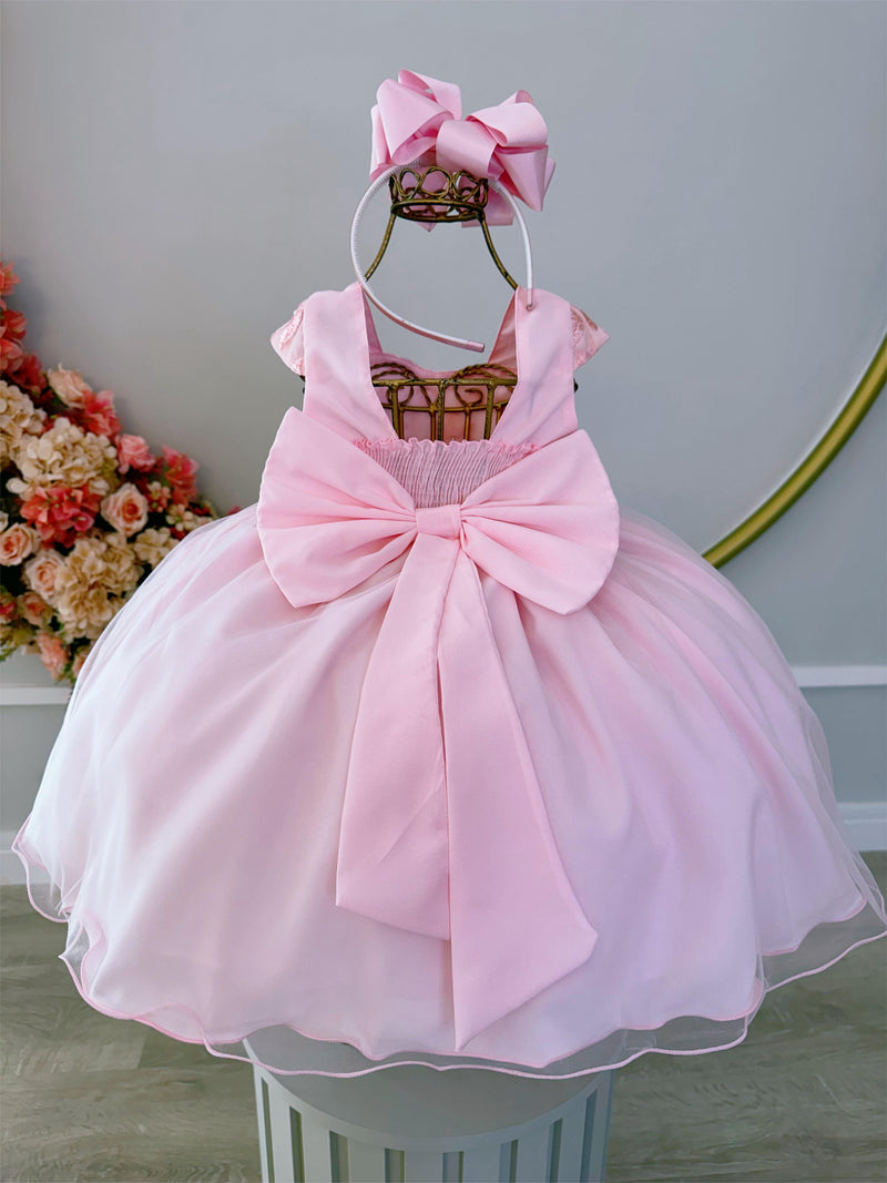 Vestido Infantil Rosa Bebê C/ Renda Luxo e Cinto de Pérolas