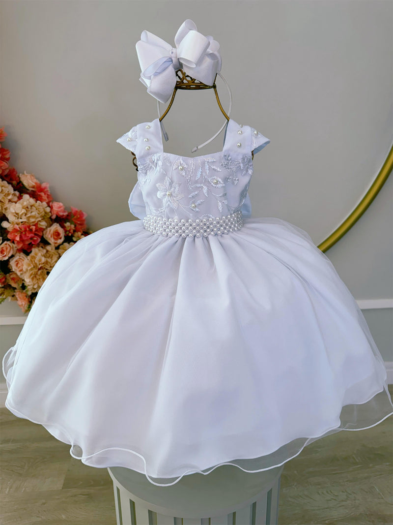 Vestido Infantil Branco C/ Renda Luxo e Cinto de Pérolas