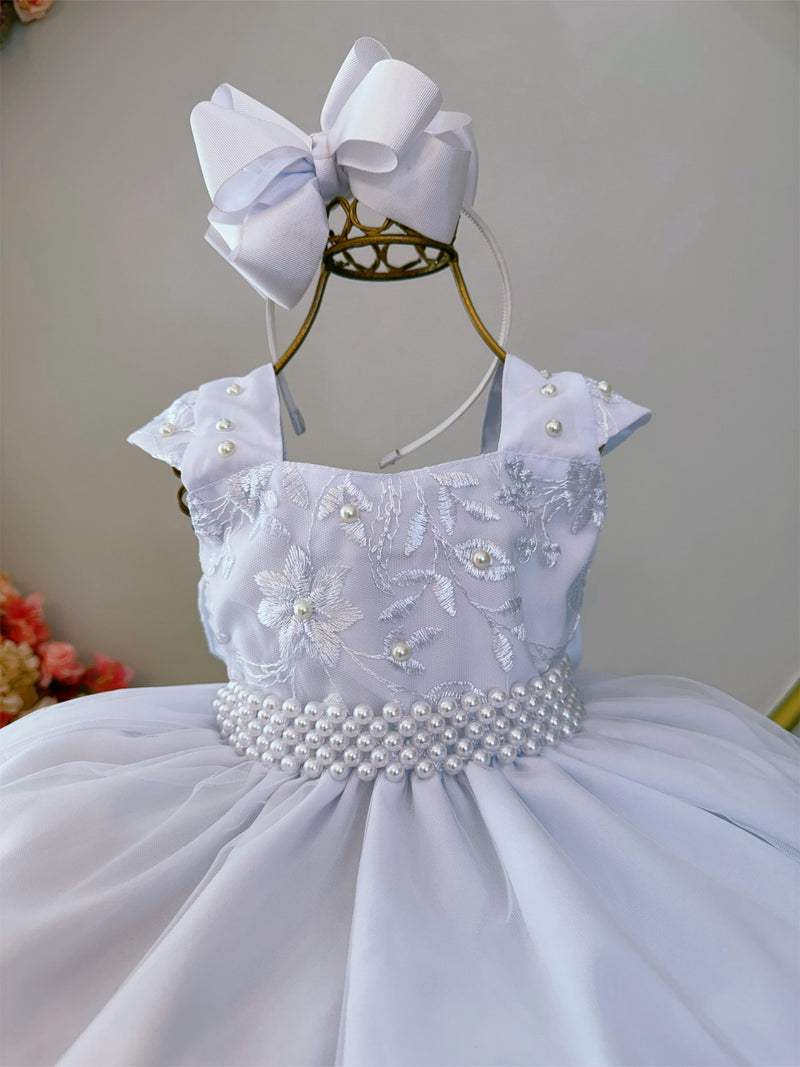 Vestido Infantil Branco C/ Renda Luxo e Cinto de Pérolas