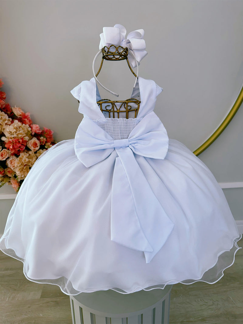 Vestido Infantil Branco C/ Renda Luxo e Cinto de Pérolas