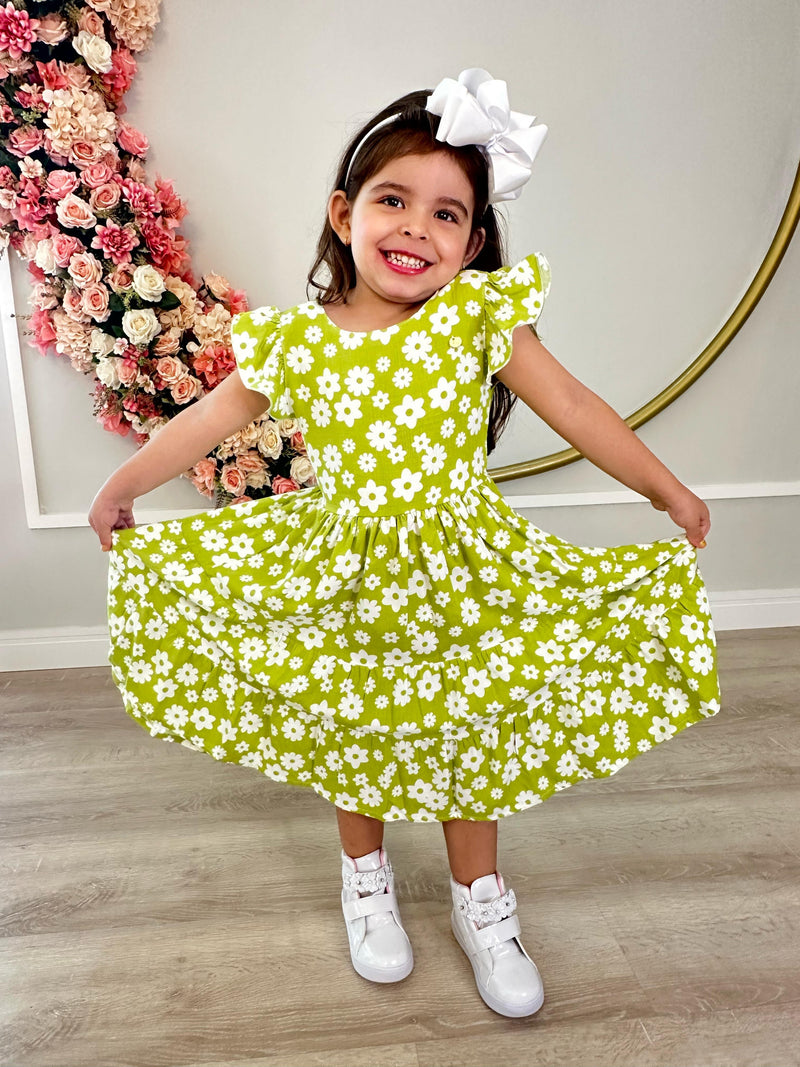 Vestido Infantil Primavera Verão Verde Lima C/ Margaridas