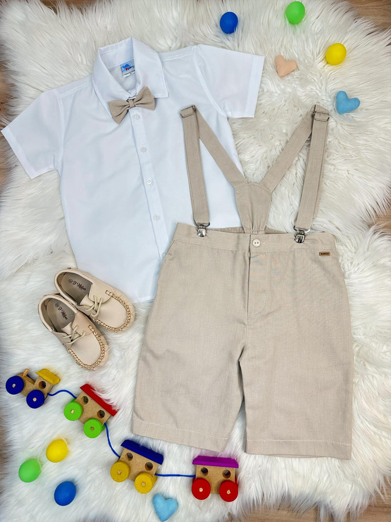 Conjunto Social Camisa Gravata Short Com Suspensório Bege