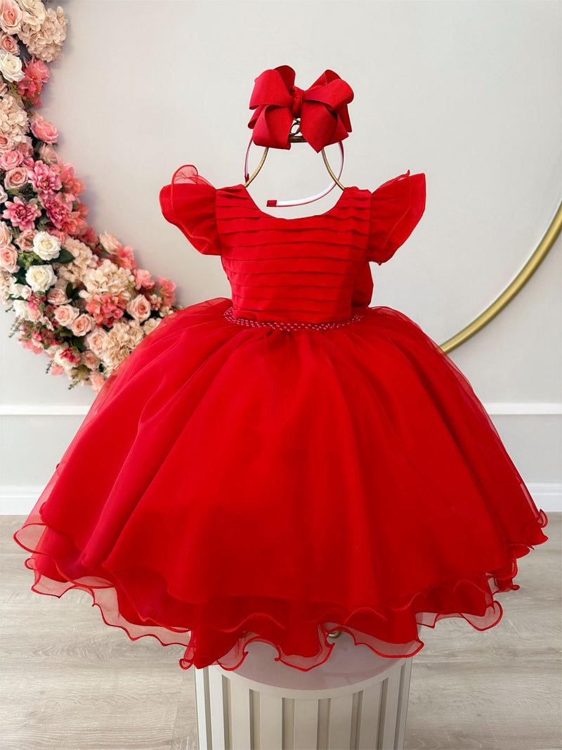 Vestido Infantil Vermelho Busto Plissado C/ Pérolas Festas