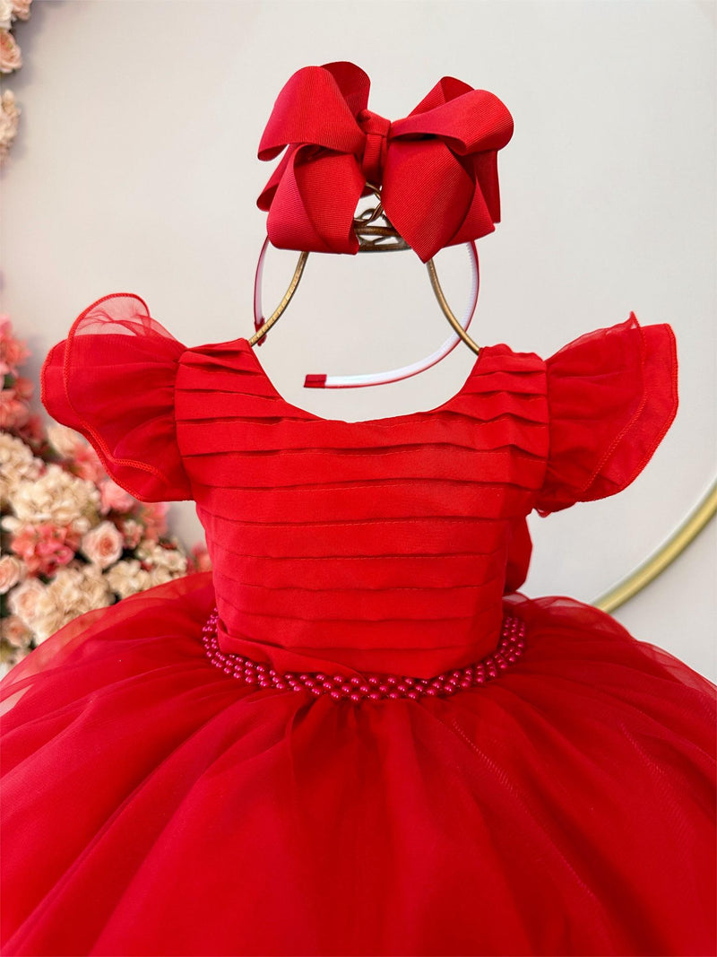 Vestido Infantil Vermelho Busto Plissado C/ Pérolas Festas