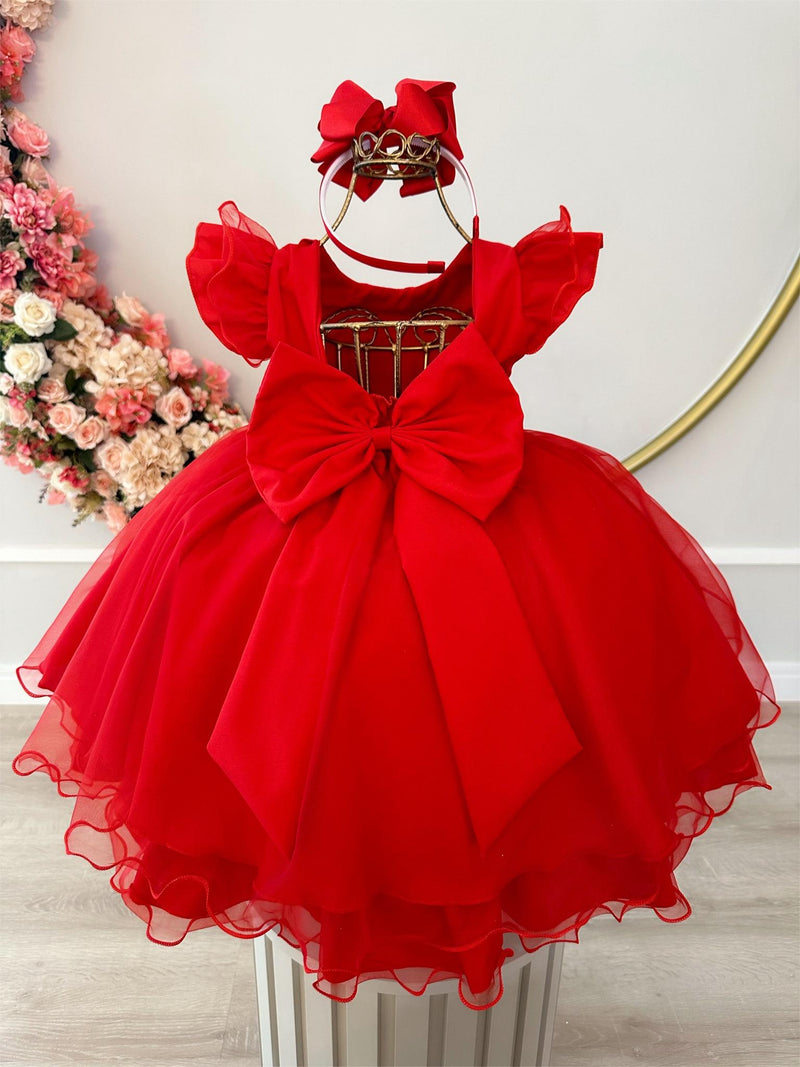 Vestido Infantil Vermelho Busto Plissado C/ Pérolas Festas