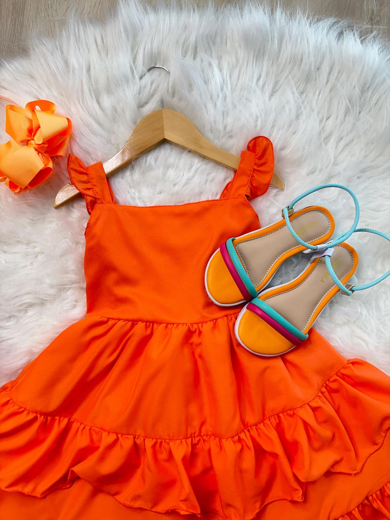 Vestido Infantil Primavera Verão Laranja Neon Saia C/ Babado