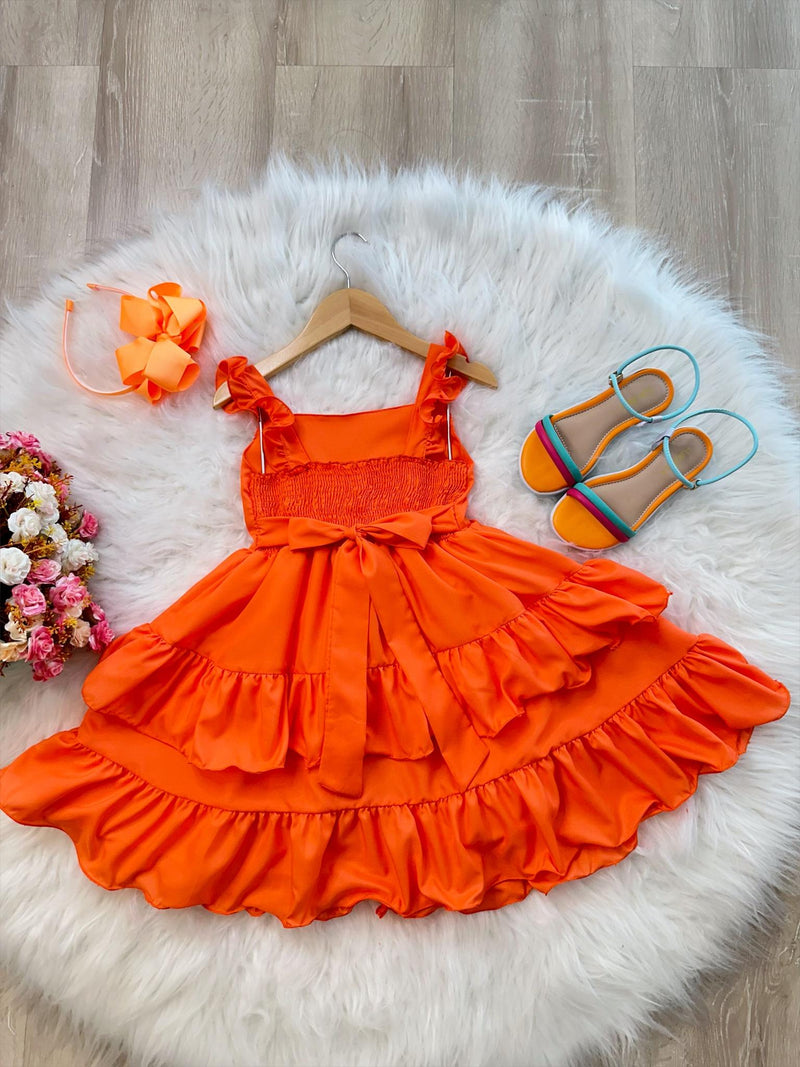 Vestido Infantil Primavera Verão Laranja Neon Saia C/ Babado