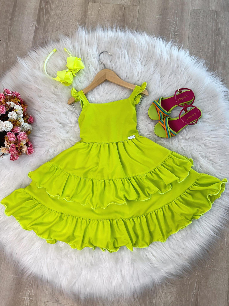 Vestido Infantil Primavera Verão Verde Neon Saia C/ Babado