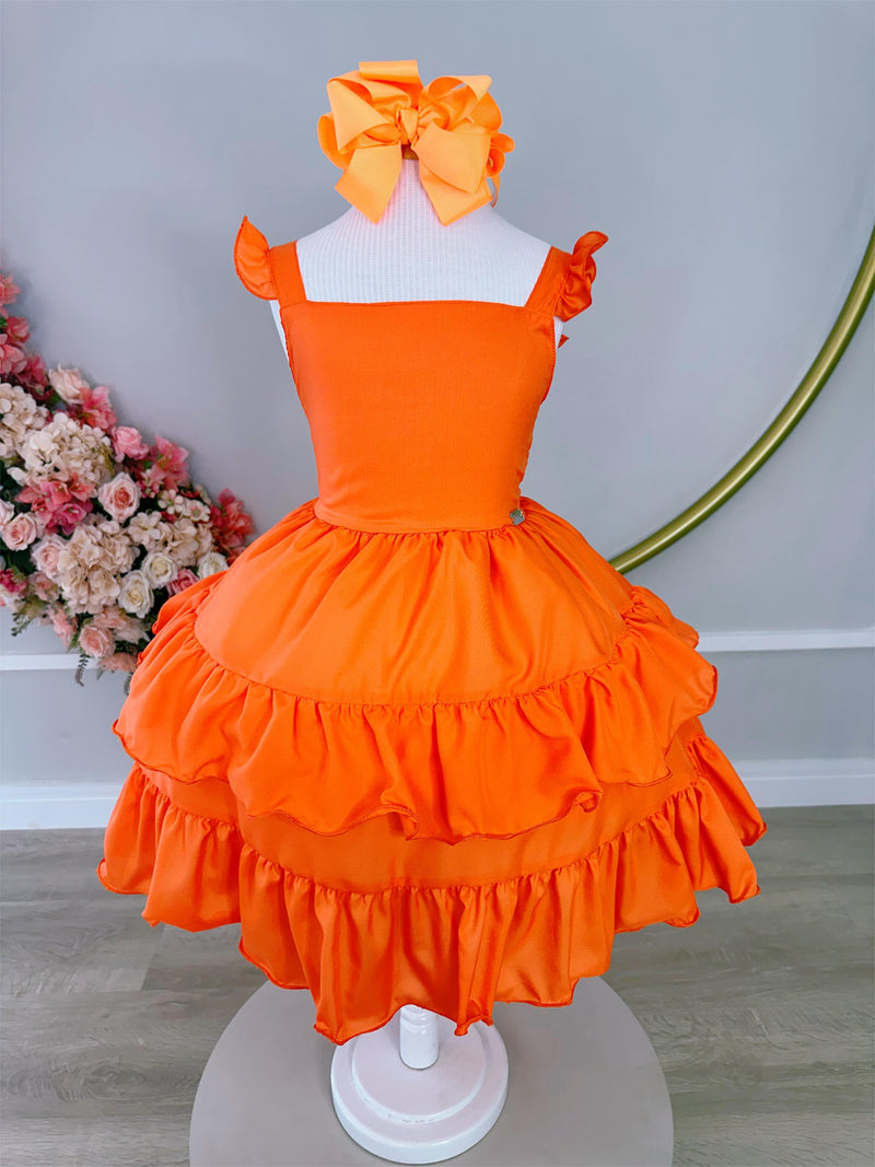 Vestido Infantil Primavera Verão Laranja Neon Saia C/ Babado