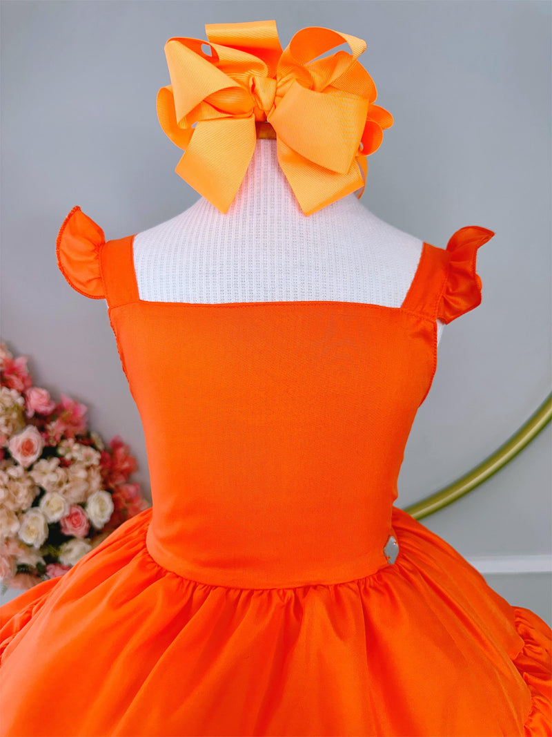 Vestido Infantil Primavera Verão Laranja Neon Saia C/ Babado