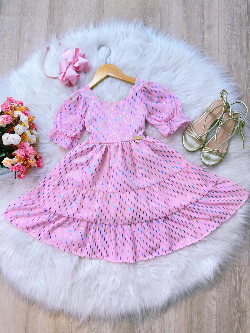 Vestido Infantil Primavera Verão Rosa Bebê Riscos Coloridos