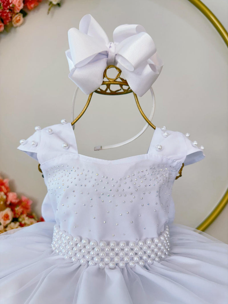 Vestido Infantil Branco Saia Organza e Busto C/ Strass Luxo