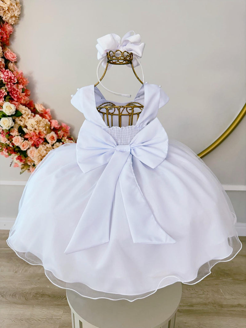 Vestido Infantil Branco Saia Organza e Busto C/ Strass Luxo